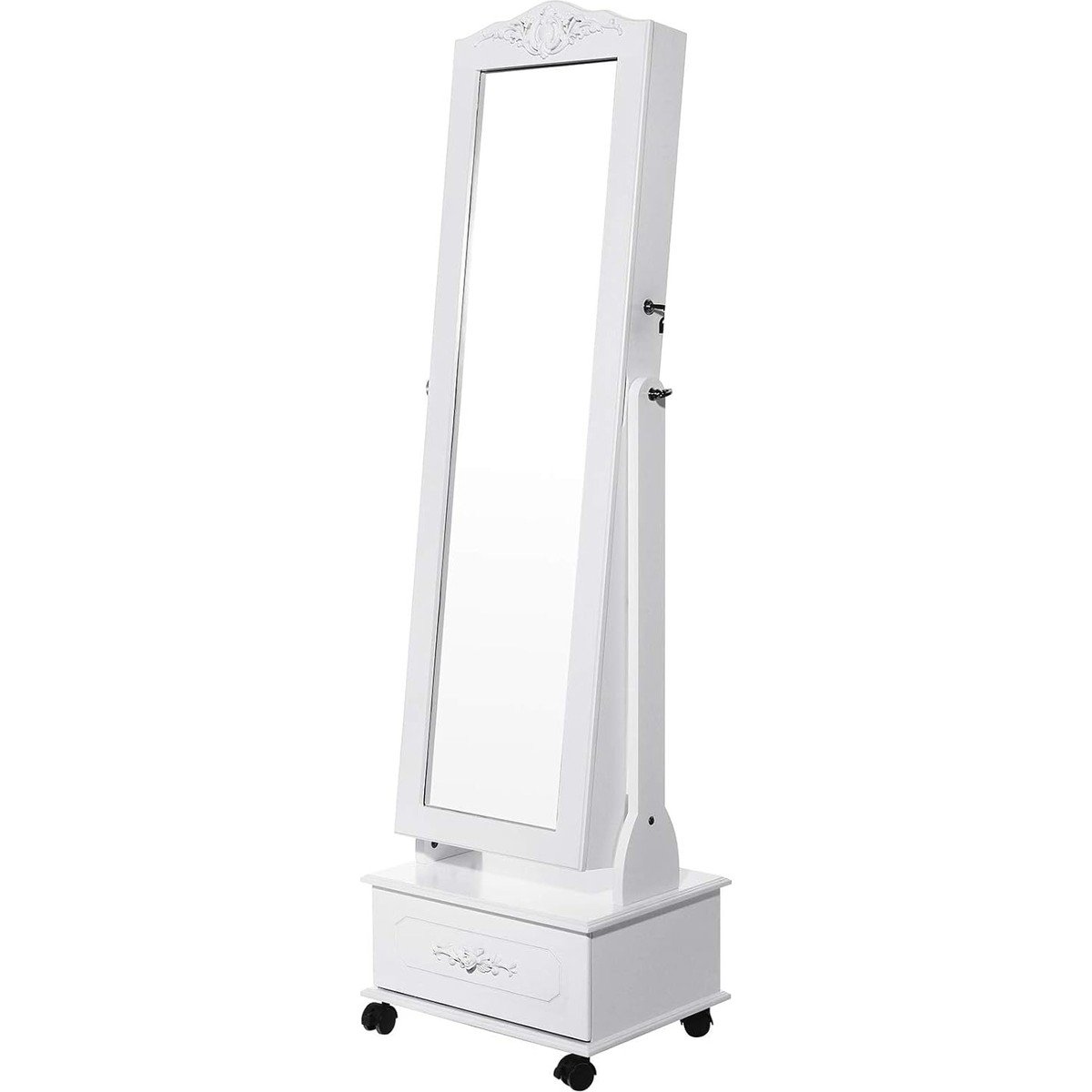 Songmics Songmıcs Tekerlekli ve LED Aydınlatmalı Kilitlenebilir Mücevher Dolabı, Beyaz, JBC61W