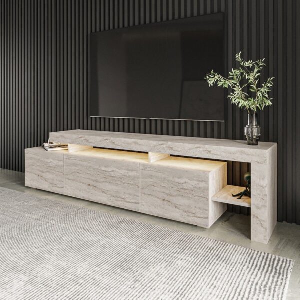 İnarch Dizayn Beliz Modern LED Işıklı 3 Kapaklı, Raflı TV Sehpası – 192 cm, Traverten Mermer Desen
