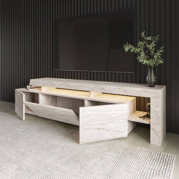 İnarch Dizayn Beliz Modern LED Işıklı 3 Kapaklı, Raflı TV Sehpası – 192 cm, Traverten Mermer Desen