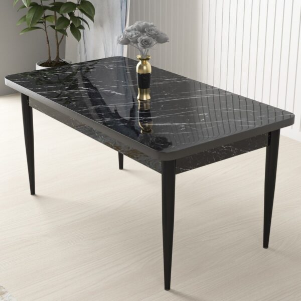 Concept Arp Serisi, Siyah Mermer Desen Masa 71 x 110 cm Sabit Mutfak Masası Takımı, 4 Sandalye