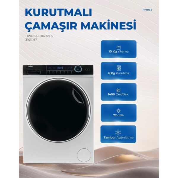 Haier HWD100-B14979-S Kurutmalı Çamaşır Makinesi 10 kg Yıkama 6 kg Kurutma 1400 Devir A Enerji Sınıfı