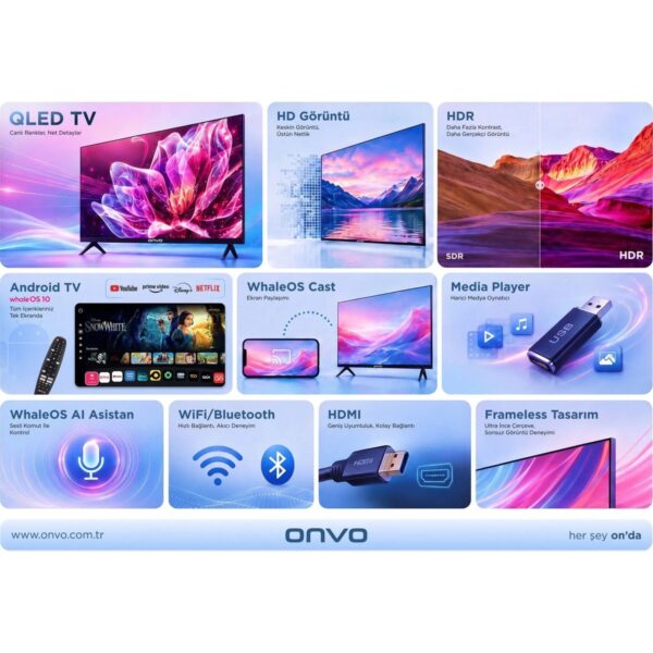 Onvo 32VQ80F2HA 32” 82 Ekran Uydu Alıcılı HD Ready WhaleOS QLED TV