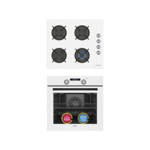 Ankastre Set Beyaz Cam Ocaklı Dijital Power Turbo Fanlı 2'li Set (Fırın + Ocak)