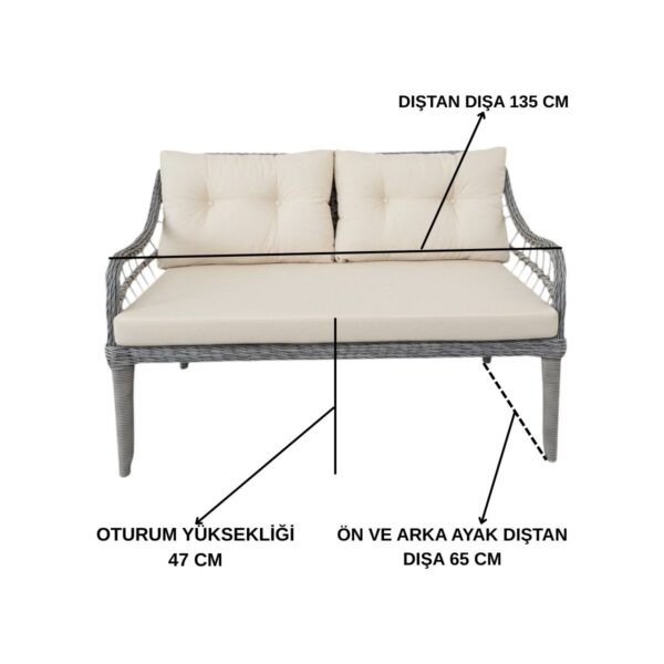 Kaş 2+1+1+Sehpa Bahçe Balkon Mobilyası,Gri Kumaş / Gri Rattan