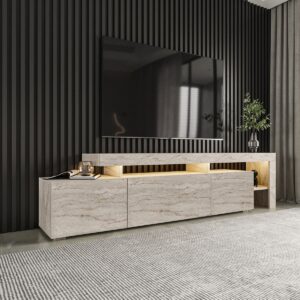 İnarch Dizayn Beliz Modern LED Işıklı 3 Kapaklı, Raflı TV Sehpası – 192 cm, Traverten Mermer Desen